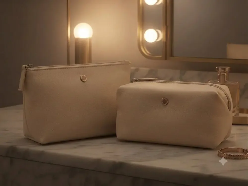 New Set of 2 Bvlgari Emirates Makeup Bag Beige Zip Cosmetic Pouch Pocket